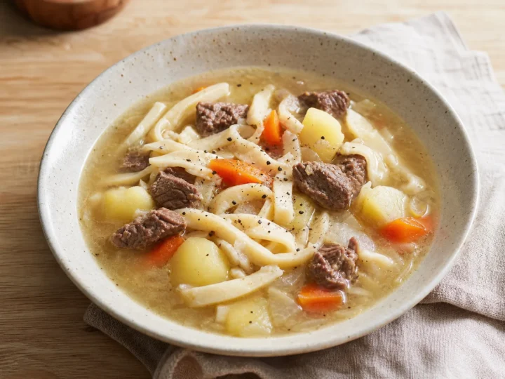 Мах, ногоо, гар хэрчсэн гурилтай шөл